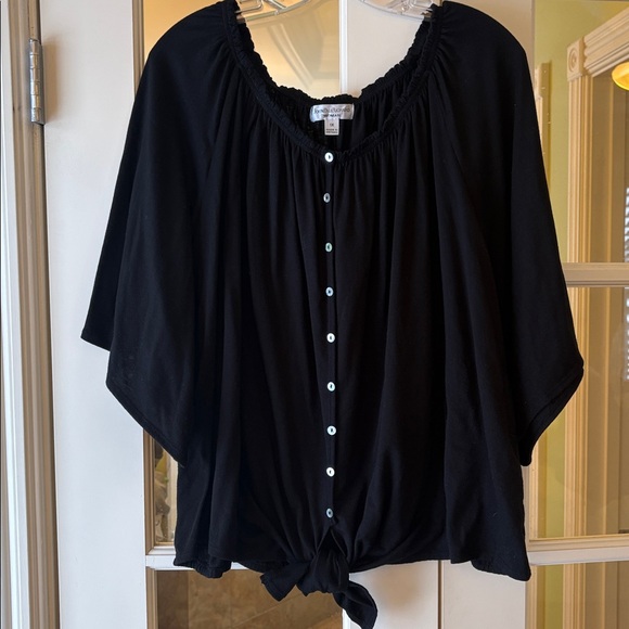 1X Black Button-Down Blouse elastic neck short sleeves top shirt - Picture 2 of 5